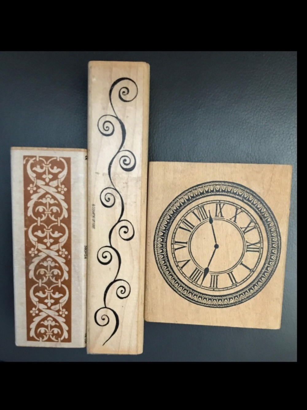 Vintage Wood Rubber Stamps New & Unused -3 in lot- Heart, Vine, Clock